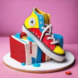 Depict a hyper-realistic scene of a sneakers cake being cut