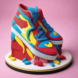 Depict a hyper-realistic scene of a sneakers cake being cut