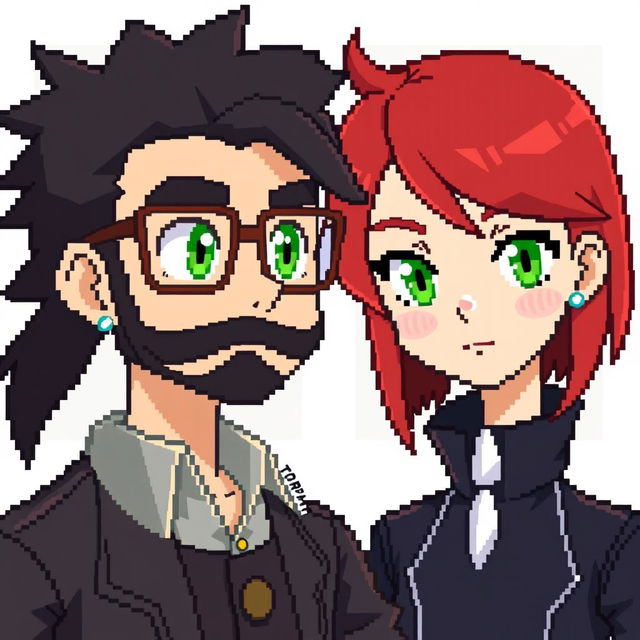 A pixel art scene featuring two characters in the style of Pokemon