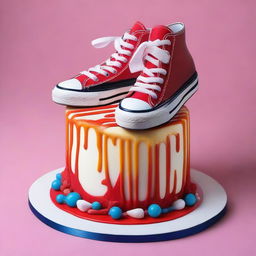 Depict a hyper-realistic scene of a sneakers cake being cut