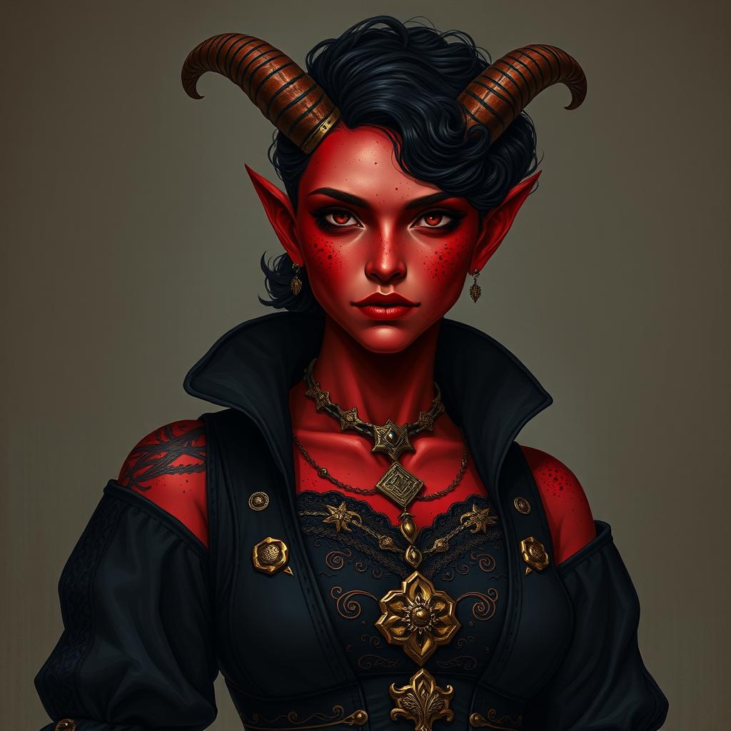 A tall, strong tiefling woman with a sturdy build, radiating a mix of grace and power