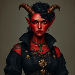 A tall, strong tiefling woman with a sturdy build, radiating a mix of grace and power