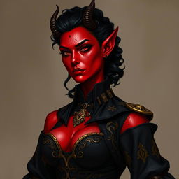 A tall, strong tiefling woman with a sturdy build, radiating a mix of grace and power