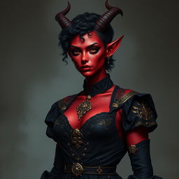 A tall, strong tiefling woman with a sturdy build, radiating a mix of grace and power
