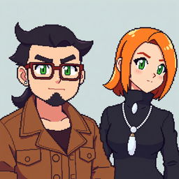 A pixel art scene featuring two characters in the style of Pokemon
