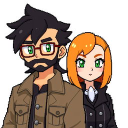 A pixel art scene featuring two characters in the style of Pokemon
