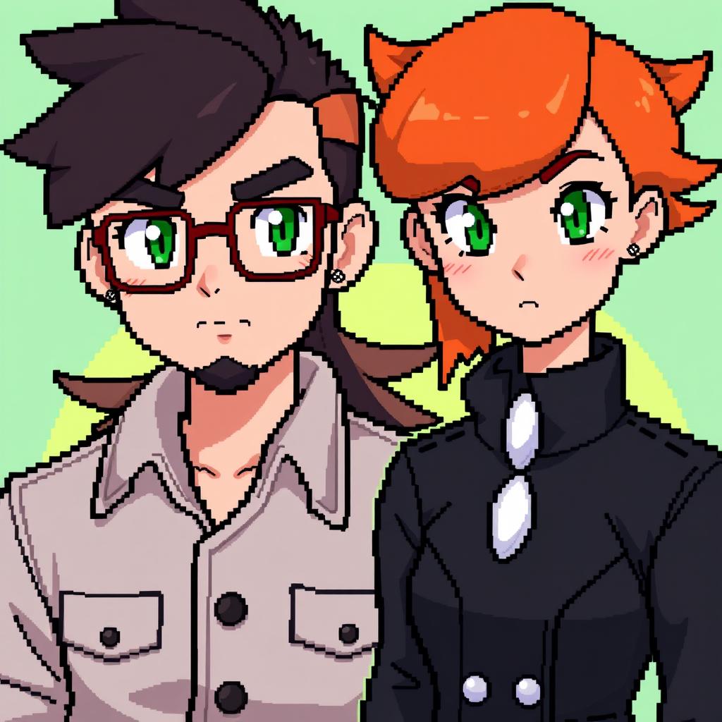 A pixel art scene featuring two characters in the style of Pokemon