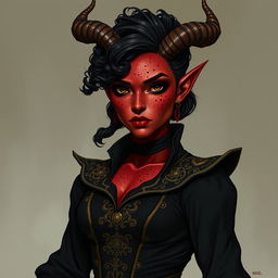 A tall, strong tiefling woman with a sturdy build, exuding both grace and power