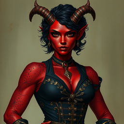 A tall, strong tiefling woman with a sturdy build, exuding both grace and power
