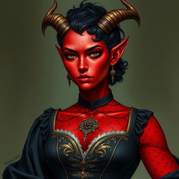 A tall, strong tiefling woman with a sturdy build, exuding both grace and power