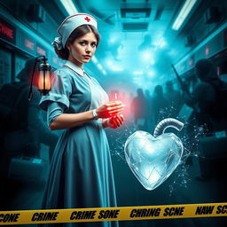 An A4 book cover design that juxtaposes a health care environment influenced by a crime scene setting, integrated with elements of war