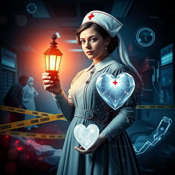 An A4 book cover design that juxtaposes a health care environment influenced by a crime scene setting, integrated with elements of war