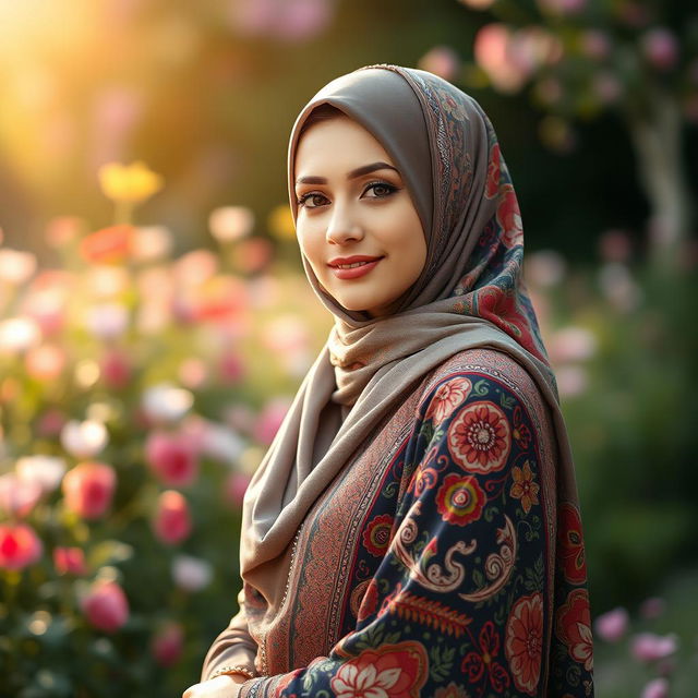 A beautifully adorned woman wearing a hijab that features intricate patterns and vibrant colors, standing gracefully in a scenic outdoor setting filled with blooming flowers and gentle sunlight