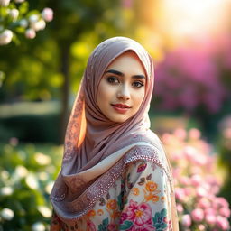 A beautifully adorned woman wearing a hijab that features intricate patterns and vibrant colors, standing gracefully in a scenic outdoor setting filled with blooming flowers and gentle sunlight