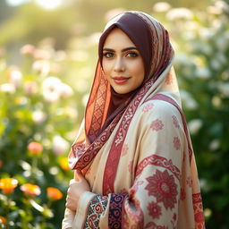 A beautifully adorned woman wearing a hijab that features intricate patterns and vibrant colors, standing gracefully in a scenic outdoor setting filled with blooming flowers and gentle sunlight