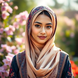 A beautifully adorned woman wearing a hijab that features intricate patterns and vibrant colors, standing gracefully in a scenic outdoor setting filled with blooming flowers and gentle sunlight