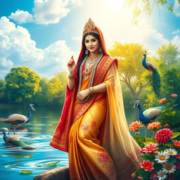 A serene and beautiful depiction of Radha Maa in Brindavan, capturing her divine essence surrounded by lush greenery and vibrant flowers