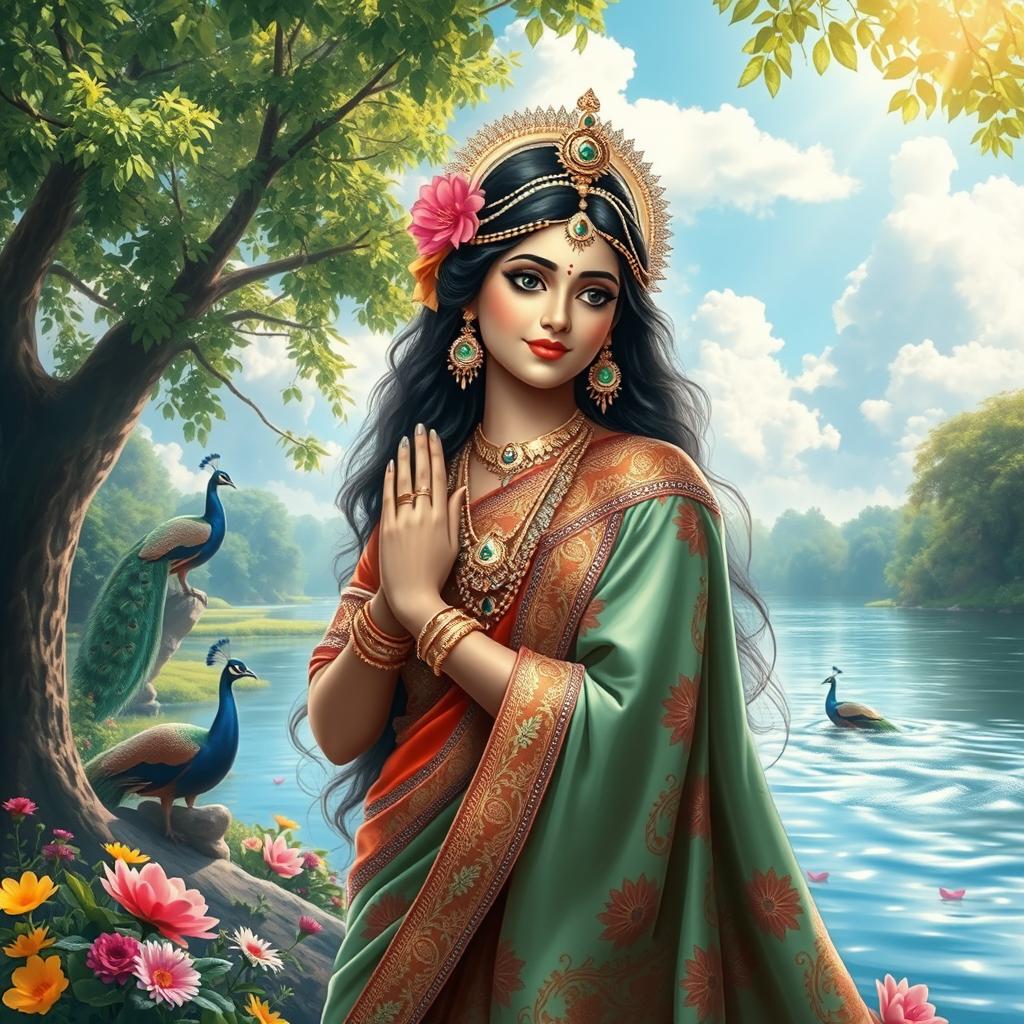 A serene and beautiful depiction of Radha Maa in Brindavan, capturing her divine essence surrounded by lush greenery and vibrant flowers