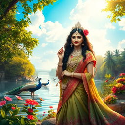 A serene and beautiful depiction of Radha Maa in Brindavan, capturing her divine essence surrounded by lush greenery and vibrant flowers