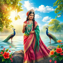 A serene and beautiful depiction of Radha Maa in Brindavan, capturing her divine essence surrounded by lush greenery and vibrant flowers