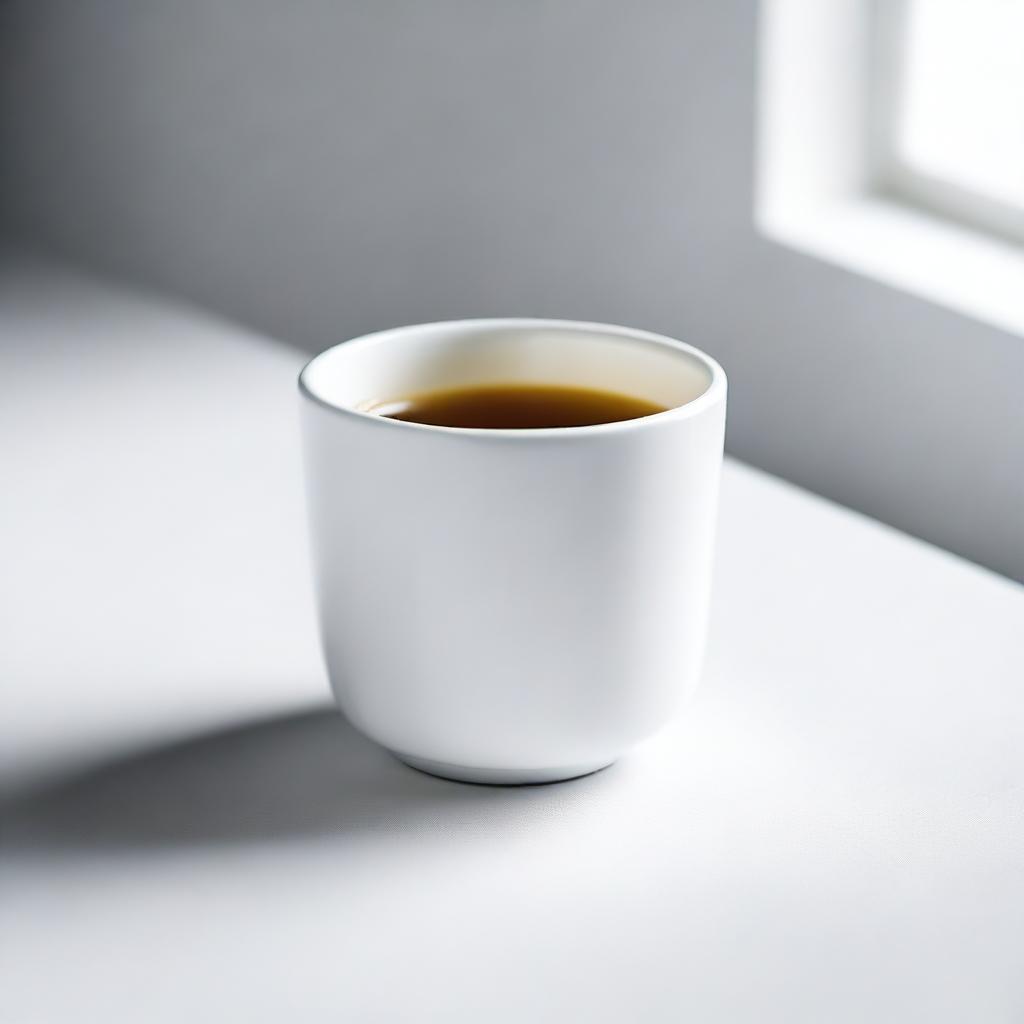 A high-resolution, real-life photograph showcasing a cup sitting on a pristine white table