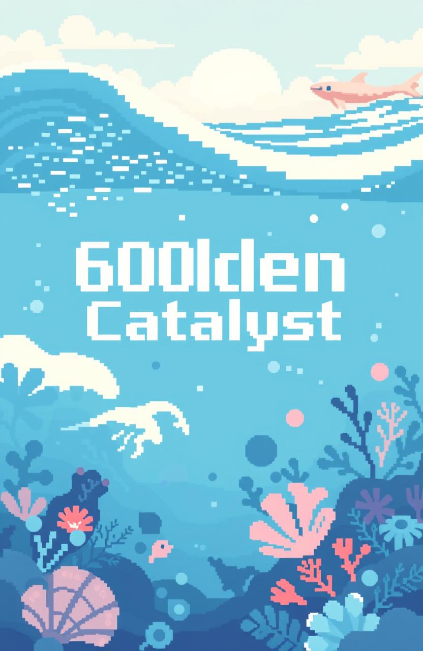 A modern pixel art cover for a yearbook titled '60lden Catalyst', featuring a serene ocean theme