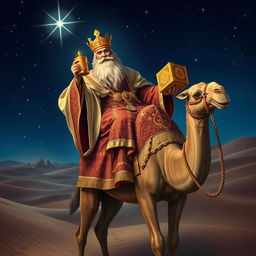 A majestic depiction of King Balthazar, one of the Three Wise Men, riding a regal camel through a starry desert landscape