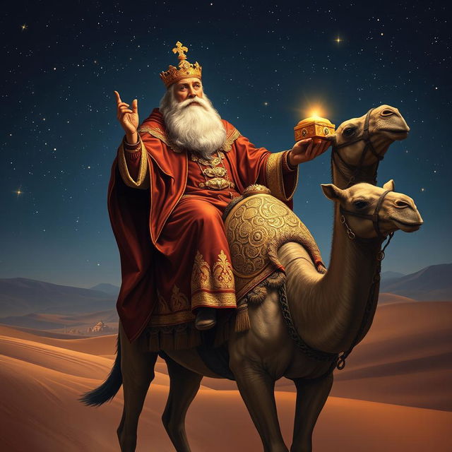 A majestic depiction of King Balthazar, one of the Three Wise Men, riding a regal camel through a starry desert landscape