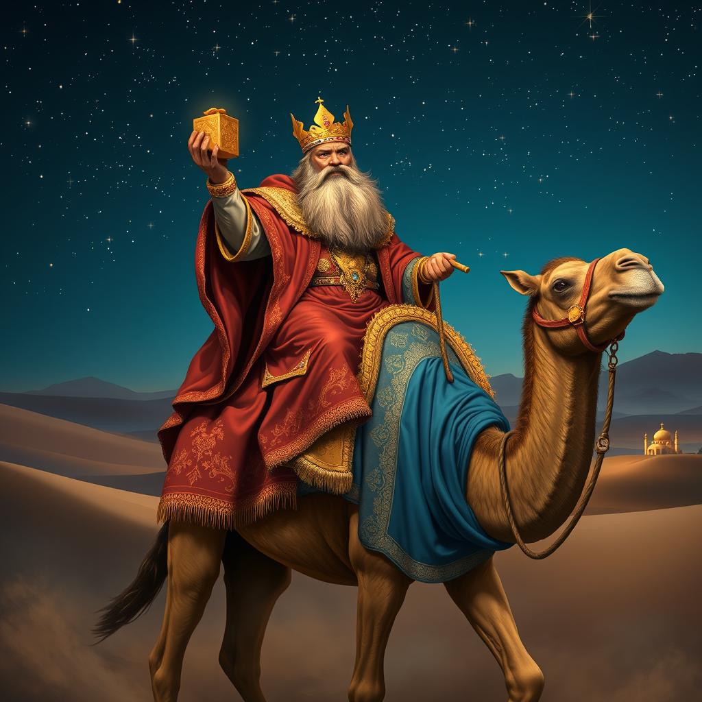 A majestic depiction of King Balthazar, one of the Three Wise Men, riding a regal camel through a starry desert landscape