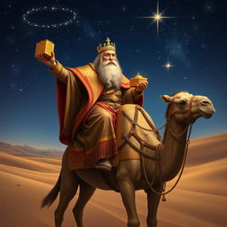 A majestic depiction of King Balthazar, one of the Three Wise Men, riding a regal camel through a starry desert landscape