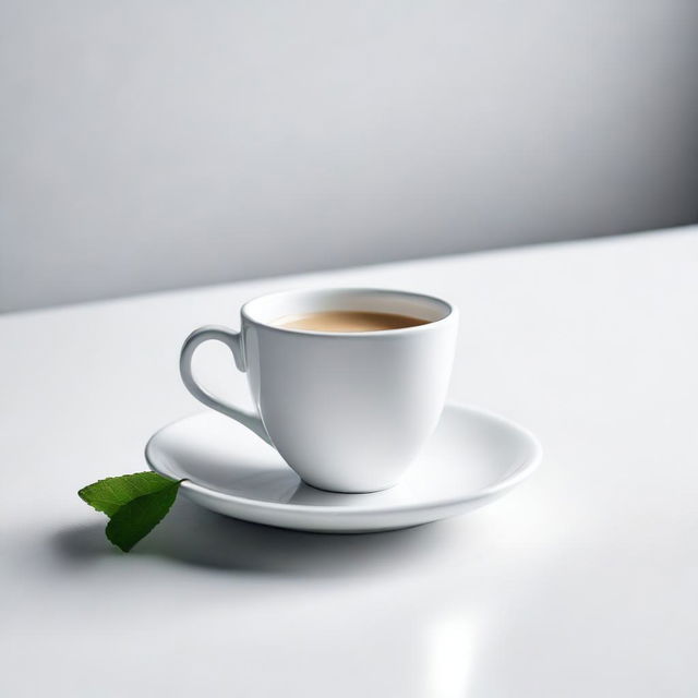 A high-resolution, real-life photograph showcasing a cup sitting on a pristine white table