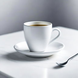 A high-resolution, real-life photograph showcasing a cup sitting on a pristine white table