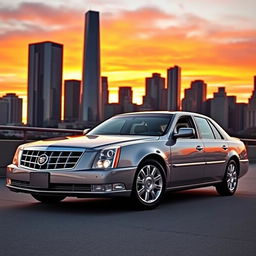 A Cadillac DTS luxury sedan parked in a scenic urban setting during sunset, showcasing its sleek silhouette and polished chrome accents, with vibrant hues of orange and pink in the sky