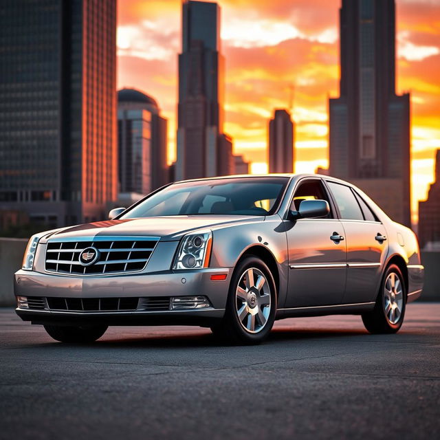 A Cadillac DTS luxury sedan parked in a scenic urban setting during sunset, showcasing its sleek silhouette and polished chrome accents, with vibrant hues of orange and pink in the sky