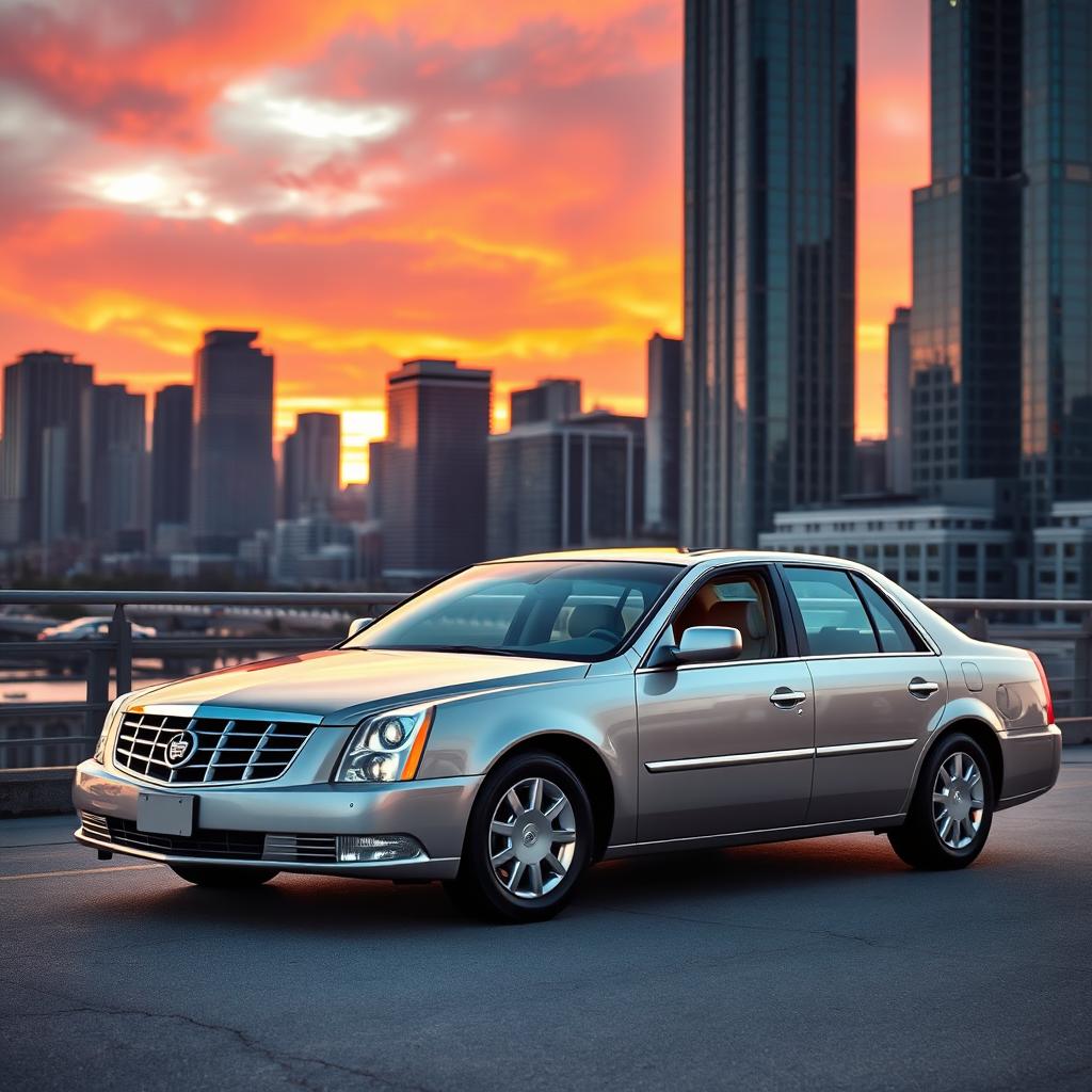 A Cadillac DTS luxury sedan parked in a scenic urban setting during sunset, showcasing its sleek silhouette and polished chrome accents, with vibrant hues of orange and pink in the sky