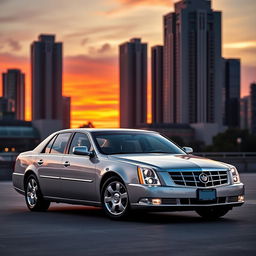 A Cadillac DTS luxury sedan parked in a scenic urban setting during sunset, showcasing its sleek silhouette and polished chrome accents, with vibrant hues of orange and pink in the sky