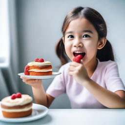 A high-quality, real-life photograph capturing a girl enjoying a cake that resembles a cup, placed on a clean white table