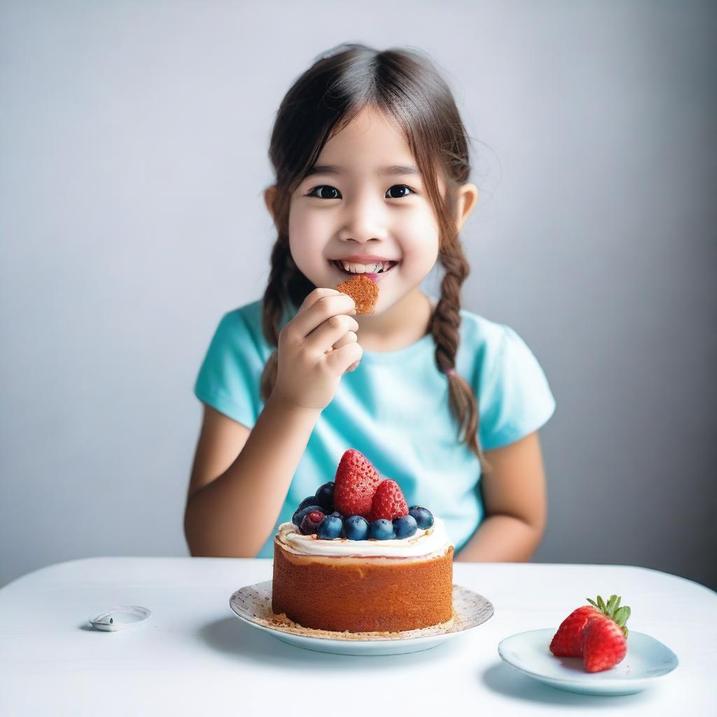 A high-quality, real-life photograph capturing a girl enjoying a cake that resembles a cup, placed on a clean white table