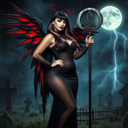 A beautiful, curvy, and sexy girl with long black, red, and silver hair and a sweet round face stands confidently in a graveyard at night