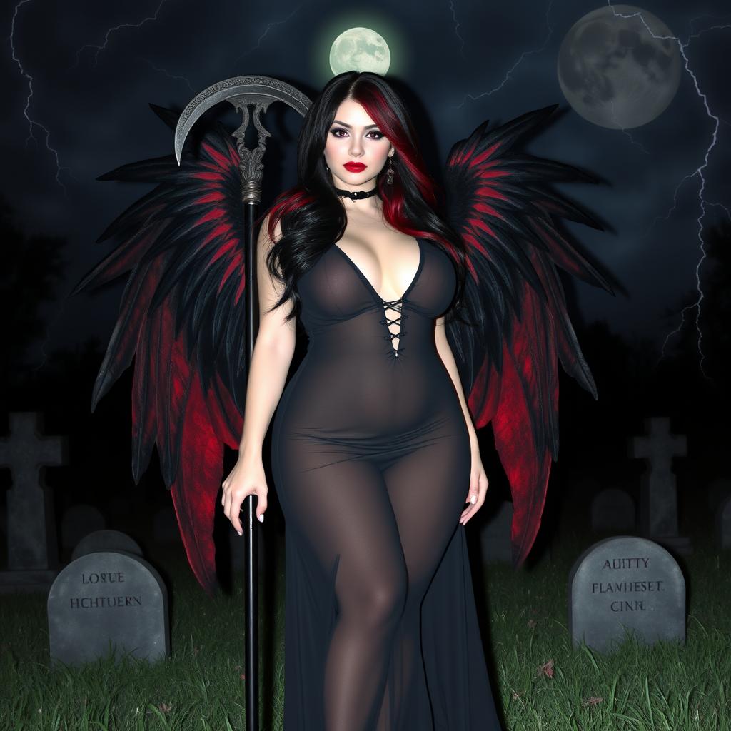 A beautiful, curvy, and sexy girl with long black, red, and silver hair and a sweet round face stands confidently in a graveyard at night