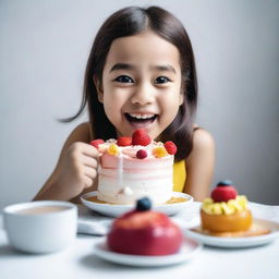 A high-quality, real-life photograph capturing a girl enjoying a cake that resembles a cup, placed on a clean white table