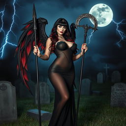 A beautiful, curvy, and sexy girl with long black, red, and silver hair and a sweet round face stands confidently in a graveyard at night