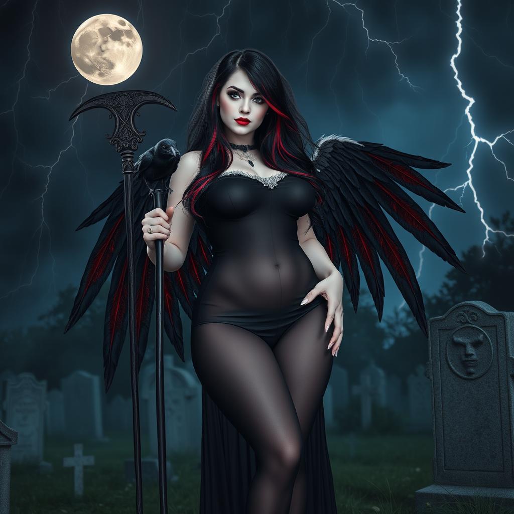 A beautiful, curvy, and sexy girl with long black, red, and silver hair and a sweet innocent face stands confidently in a graveyard at night