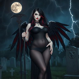 A beautiful, curvy, and sexy girl with long black, red, and silver hair and a sweet innocent face stands confidently in a graveyard at night