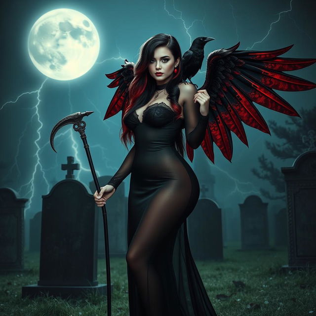 A beautiful, curvy, and sexy girl with long black, red, and silver hair and a sweet innocent face stands confidently in a graveyard at night