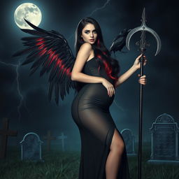 A beautiful, curvy, and sexy girl with long black, red, and silver hair and a sweet innocent face stands confidently in a graveyard at night