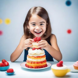 A high-quality, real-life photograph capturing a girl enjoying a cake that resembles a cup, placed on a clean white table