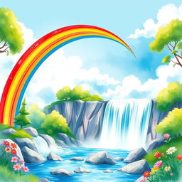 A vibrant watercolor illustration of a rainbow arching gracefully over a majestic waterfall