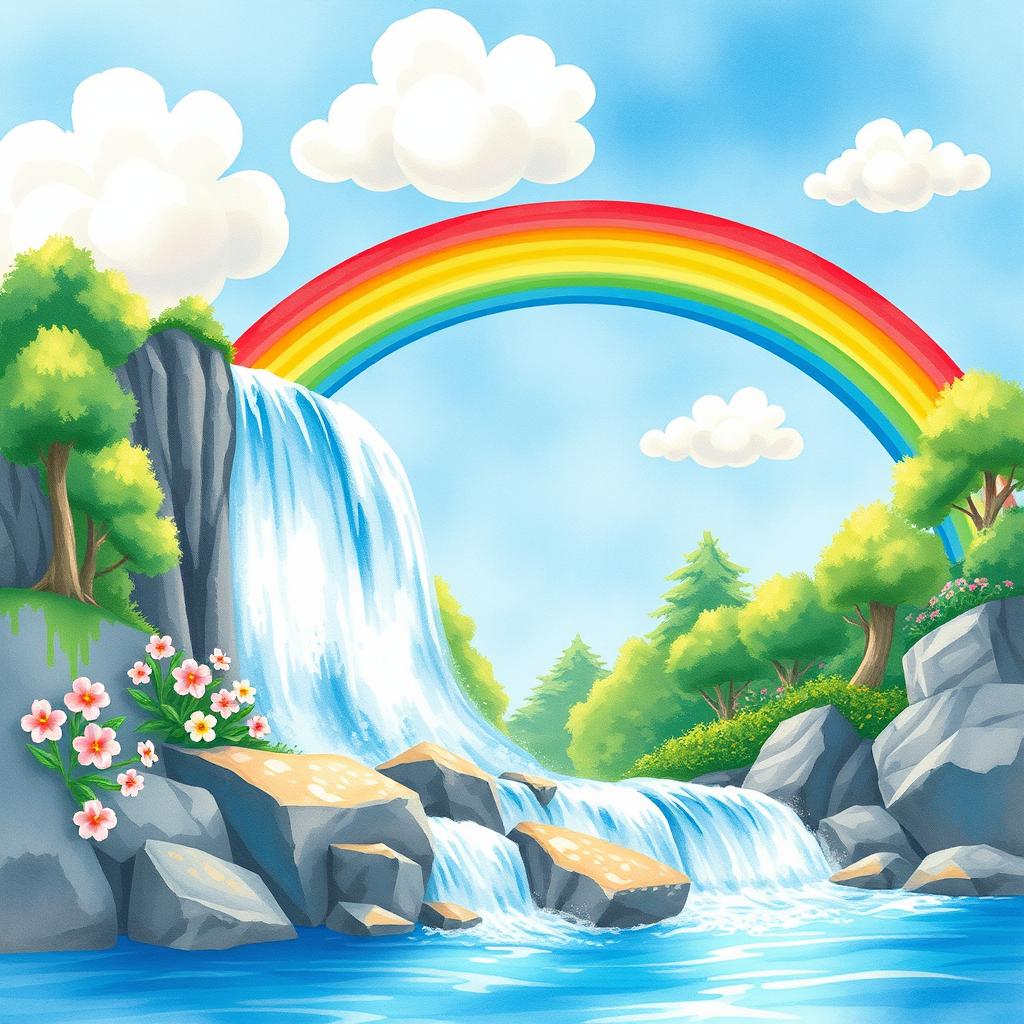 A vibrant watercolor illustration of a rainbow arching gracefully over a majestic waterfall