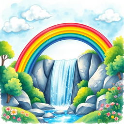 A vibrant watercolor illustration of a rainbow arching gracefully over a majestic waterfall